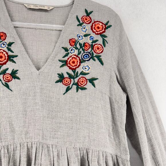 Zara Boho Floral Embroidered Peasant Top Western Cottagecore Blouse Gray L - Picture 7 of 8